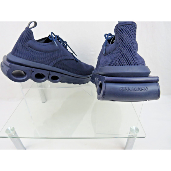 NIB FERRAGAMO DARK BLUE NIMA MESH LEATHER LOGO LOW SNEAKERS US 9.5 42.5 ITALY